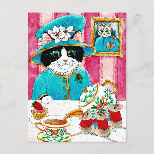 Cute Queen Elizabeth Cat Mouse Tea postcard