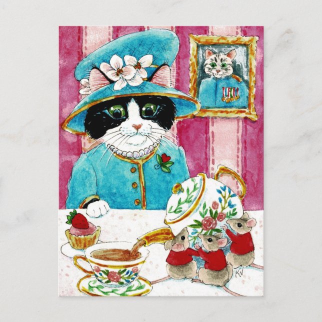 Cute Queen Elizabeth Cat Mouse Tea postcard (Front)