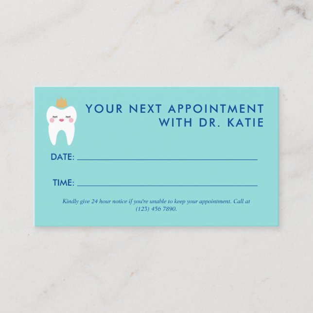 Cute Queen Tooth Pediatric Dentist Appointment Card (Front)