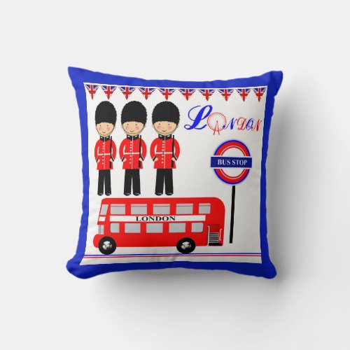 Cute Queens Guard Red Bus London Themed Design Throw Pillow