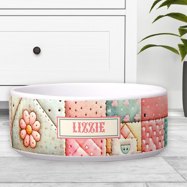 Cute Quilt Patchwork Pastel Custom Name Cat Pet Bowl (Cute Quilt Patchwork Pastel Custom Name Cat Pet Bowl)