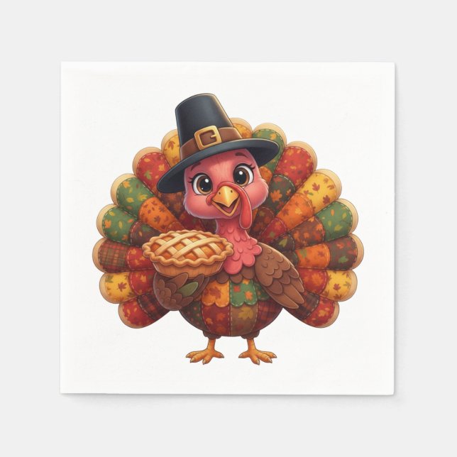Cute Quilted Patchwork Turkey | Pilgrim Hat Pie  Napkins (Front)