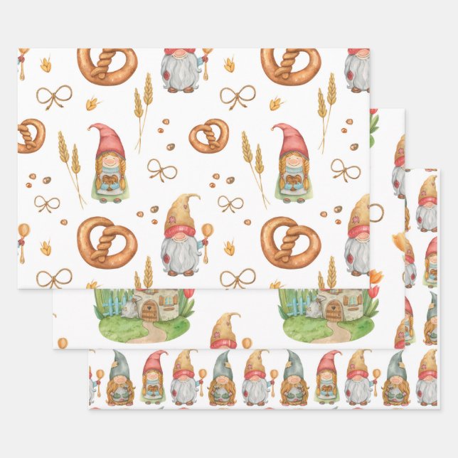 Cute Quirky Baking Holiday Christmas Gnomes  Wrapping Paper Sheets (Set)