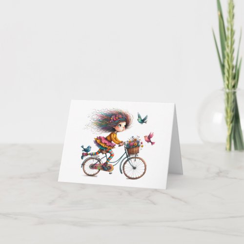 Cute Quirky Bicycle Girl Folded Note Card