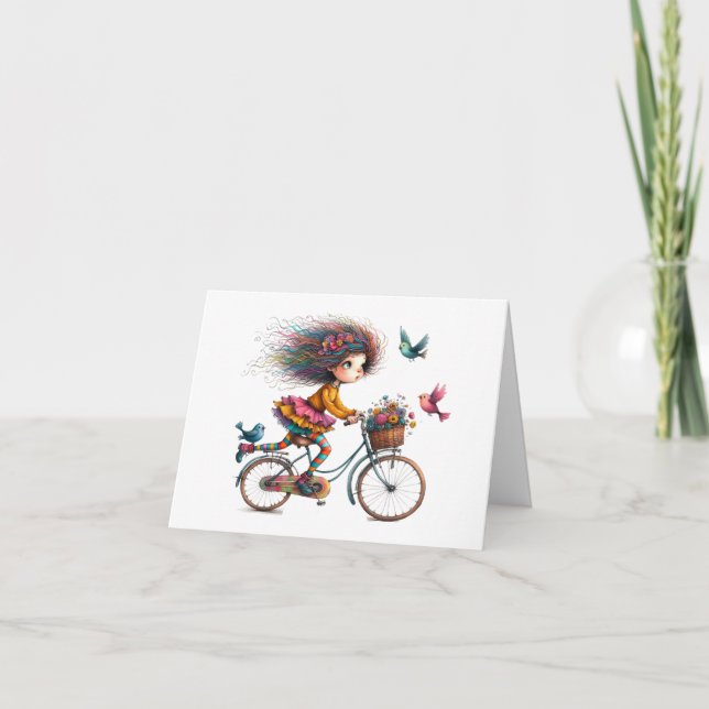 Cute Quirky Bicycle Girl Folded Note Card (Front)