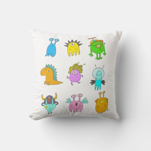 Cute Quirky Colorful Monster Cartoon Drawings Throw Pillow