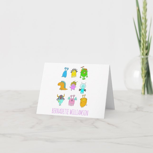 Cute Quirky Colorful Monster Cartoon Personalized Note Card (Front)