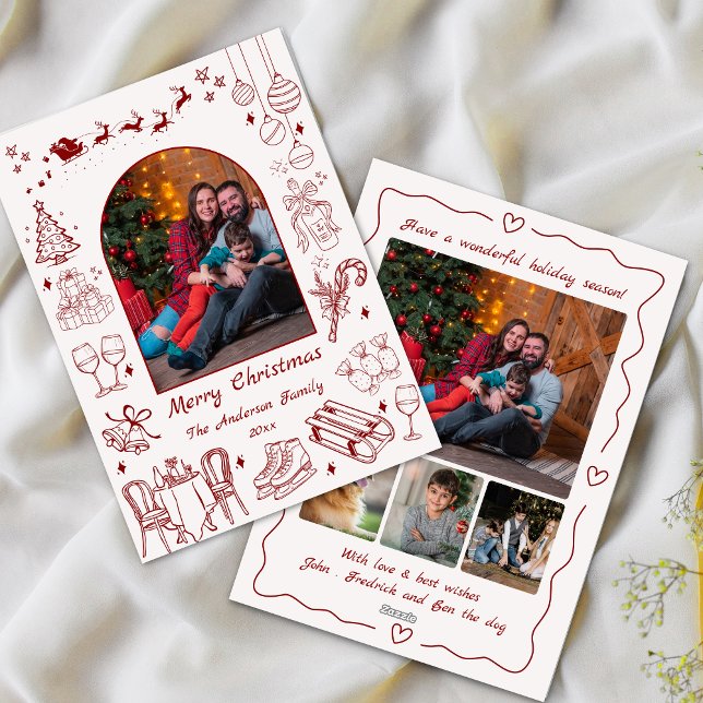 Cute quirky doodle christmas custom photo fun red holiday card (Creator Uploaded)