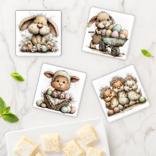 CUTE QUIRKY EASTER ANIMALS WITH EGGS COASTER SET