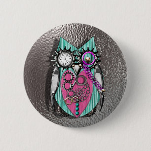 Cute Quirky Owl Steam Punk Style Pink Teal Silver Pinback Button
