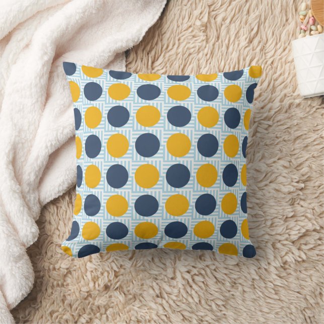 Cute Quirky Whimsical Blue Yellow Polka Dots Throw Pillow (Blanket)