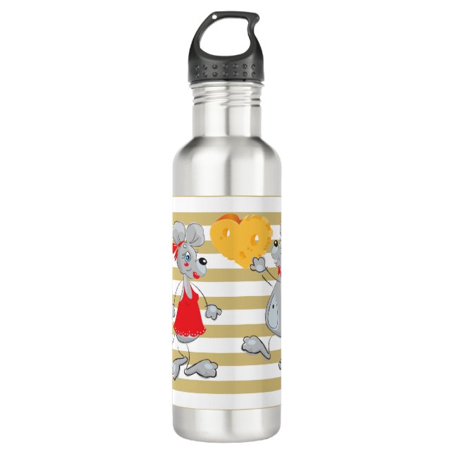 Cute Quirky Whimsical  Mouses-Stripes Stainless Steel Water Bottle (Front)