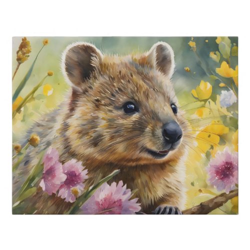 Cute Quokka and Flowers Watercolor Illustration  Faux Canvas Print