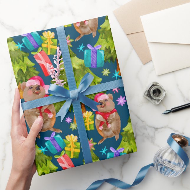 Cute Quokka Blue Christmas Wrapping Paper (Gifting)