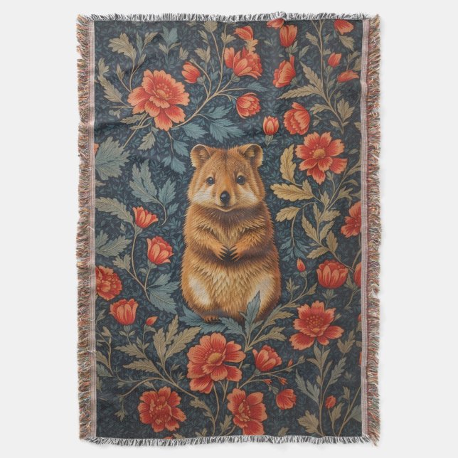 Cute Quokka William Morris Inspired Floral Throw Blanket (Front Vertical)
