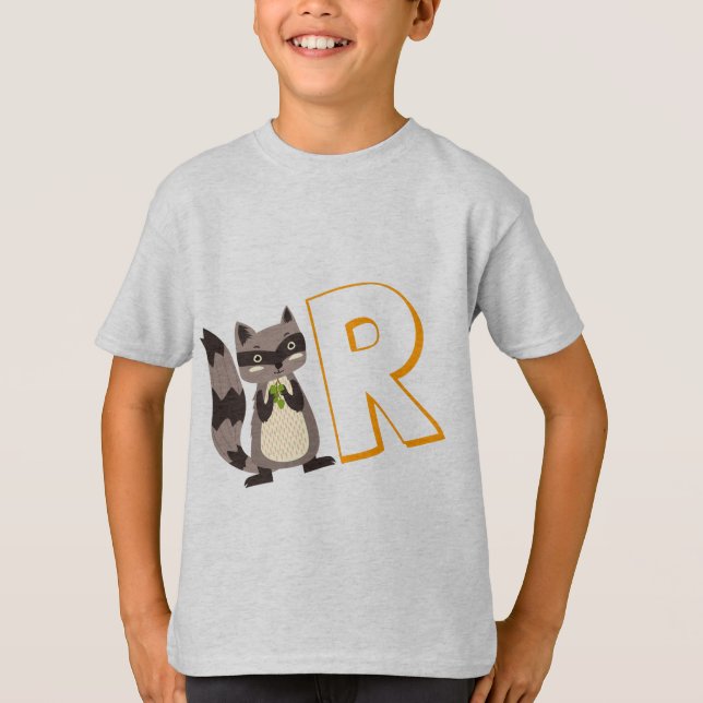 Cute R for Raccoon - Kids English ABCD Alphabet T-Shirt (Front)
