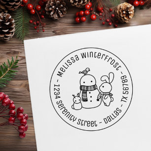 Cute Rabbit Adding Carrot to Snowman Round Address Rubber Stamp