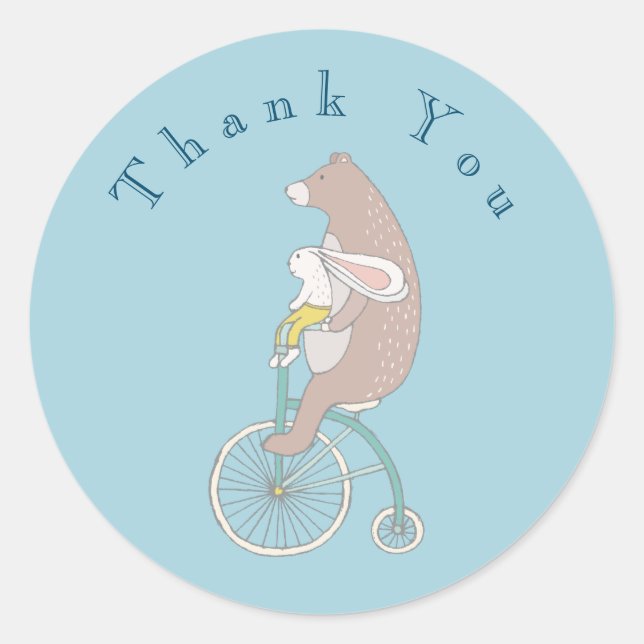 Cute Rabbit and Brown Bear Riding a Bicycle Thanks Classic Round Sticker (Front)