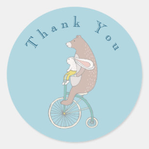 Cute Rabbit and Brown Bear Riding a Bicycle Thanks Classic Round Sticker