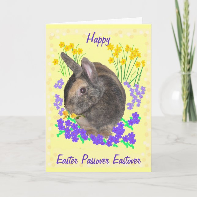 Cute Rabbit and flowers Easter, Passover, Eastover Holiday Card (Front)