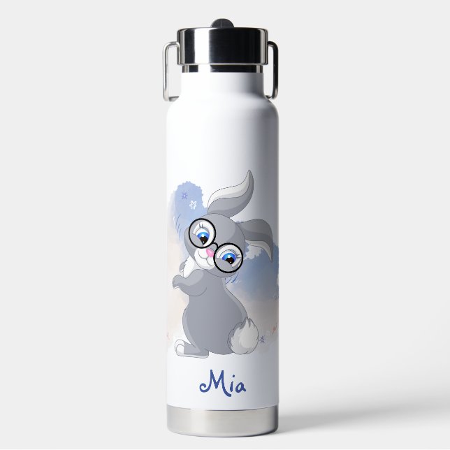 Cute Rabbit and Glasses Personalized Water Bottle (Front)