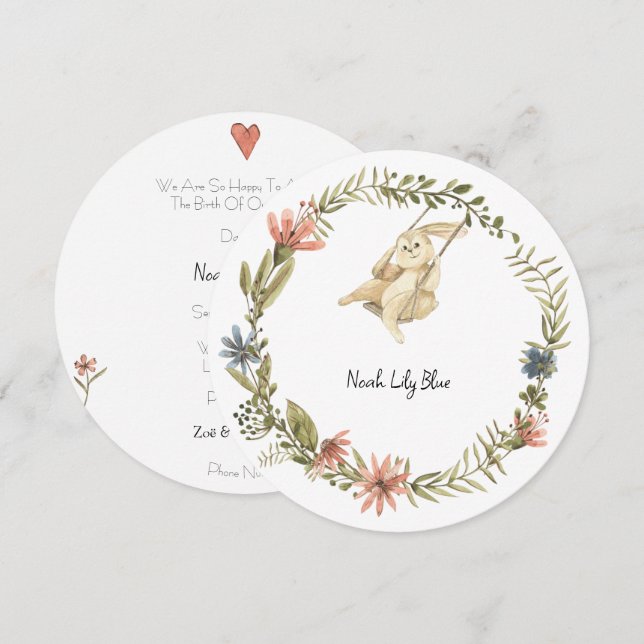 Cute Rabbit Animal Baby Girl Announcement Card (Front/Back)