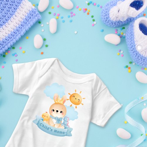 Cute Rabbit Baby Crown Blue Blocks Chick Custom Baby Bodysuit