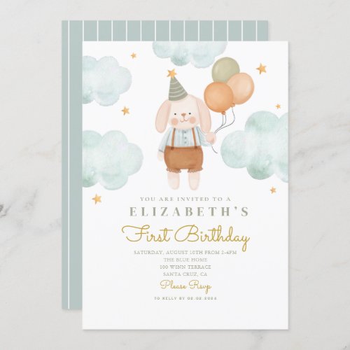 Cute Rabbit Baloon First Birthday 1st Birthday Invitation