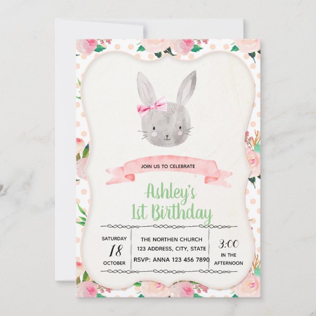 Cute rabbit birthday party invitation (Front)