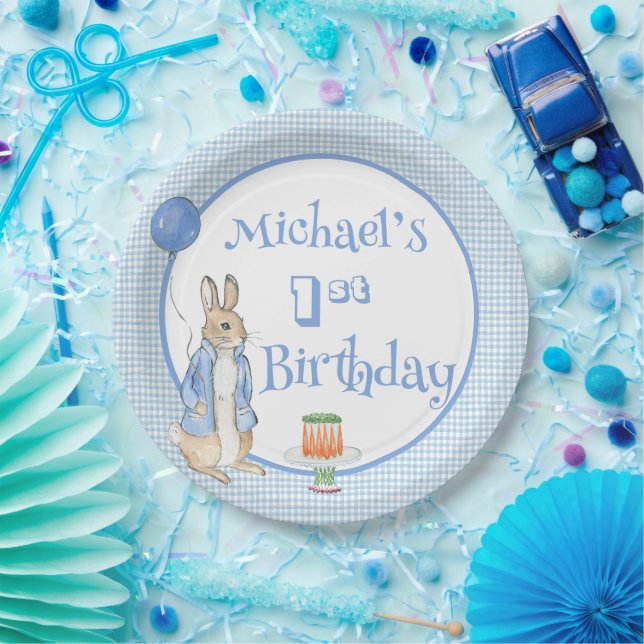 Cute Rabbit Blue 1st Birthday Party Paper Plates (Party)