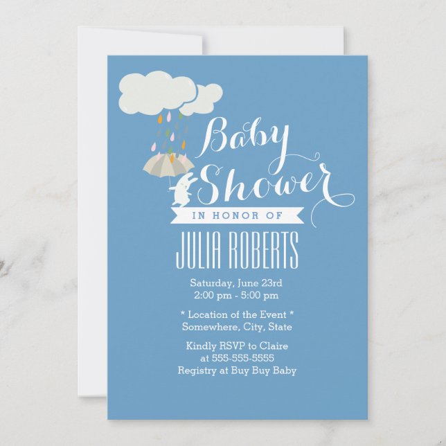 Cute Rabbit Blue Baby Shower Invitations (Front)