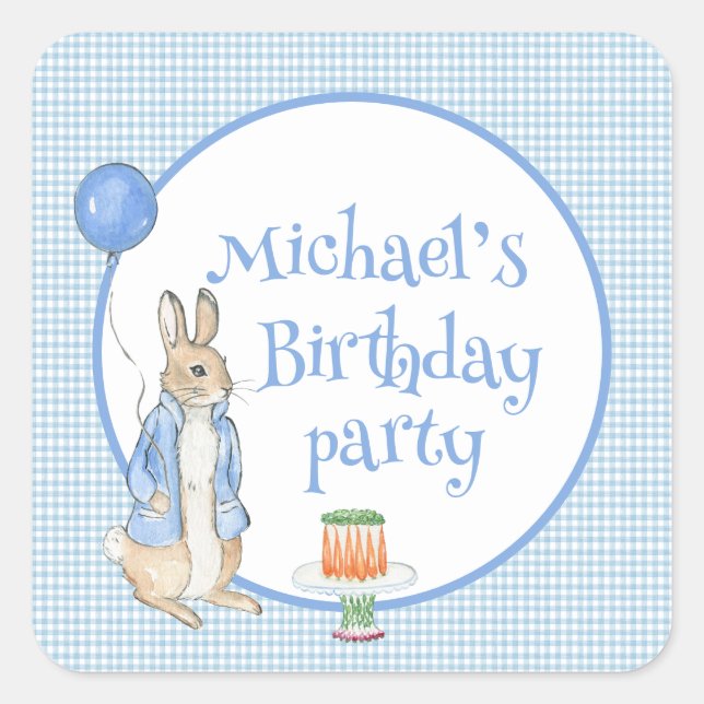Cute Rabbit Blue Personalized Birthday Party Square Sticker (Front)