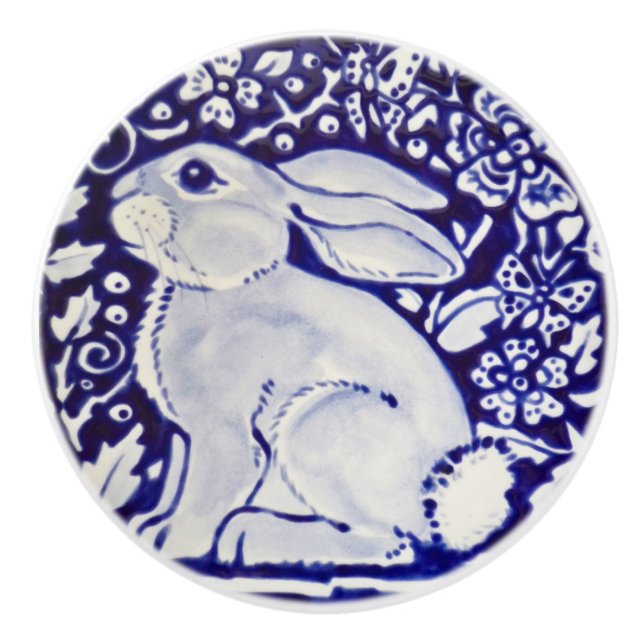 Cute Rabbit Blue White Woodland Animal Dedham   Ceramic Knob (Front)