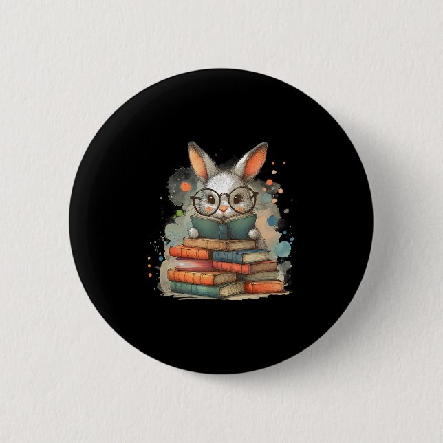 Cute Rabbit Book Lover Easter Gift Reading Bunny W Button (Front)