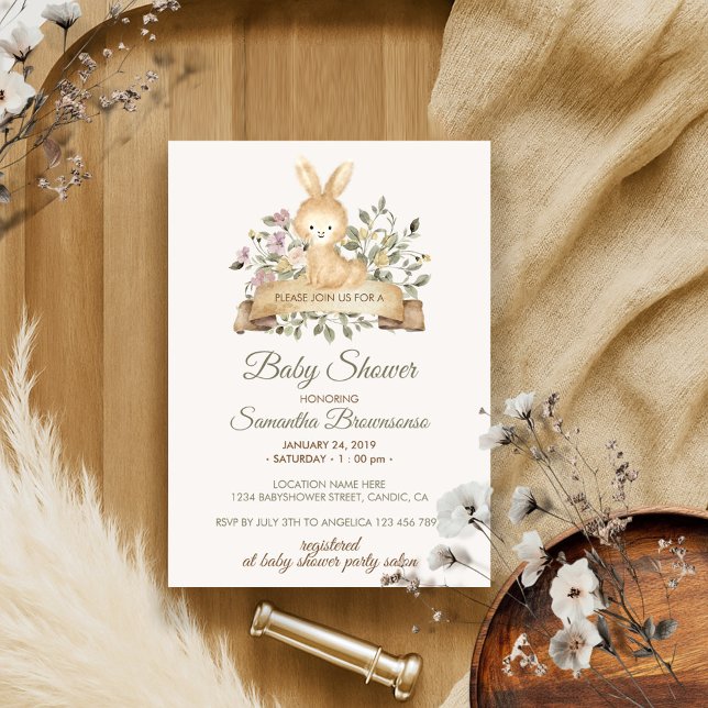 Cute Rabbit Botanical Ribbon Baby Shower Invitation (Creator Uploaded)