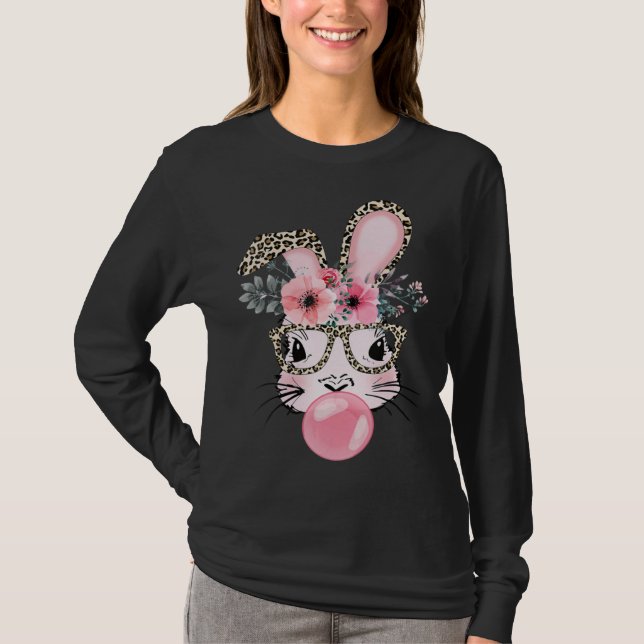 Cute Rabbit Bubble Gum Easter Day Bunny Leopard Gl T-Shirt (Front)