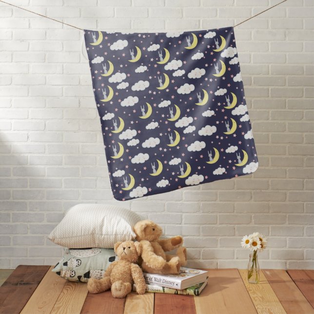 Cute Rabbit Bunnies On Moon With Clouds Pink Stars Baby Blanket (In Situ)