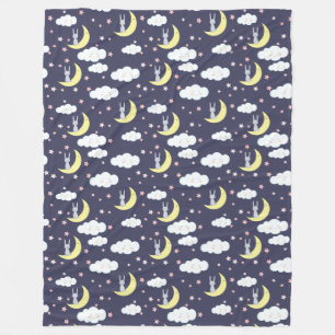 Cute Rabbit Bunnies On Moon With Clouds Pink Stars Fleece Blanket