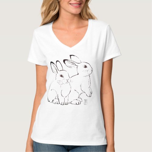 Cute Rabbit Bunny Drawing Black White Illustration T_Shirt