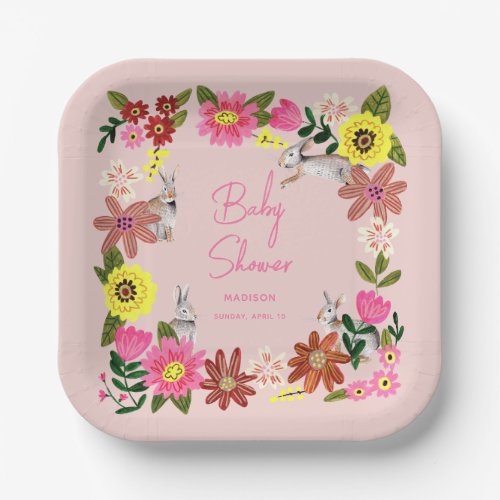 Cute Rabbit Bunny Girl Baby Shower Invitation Paper Plates