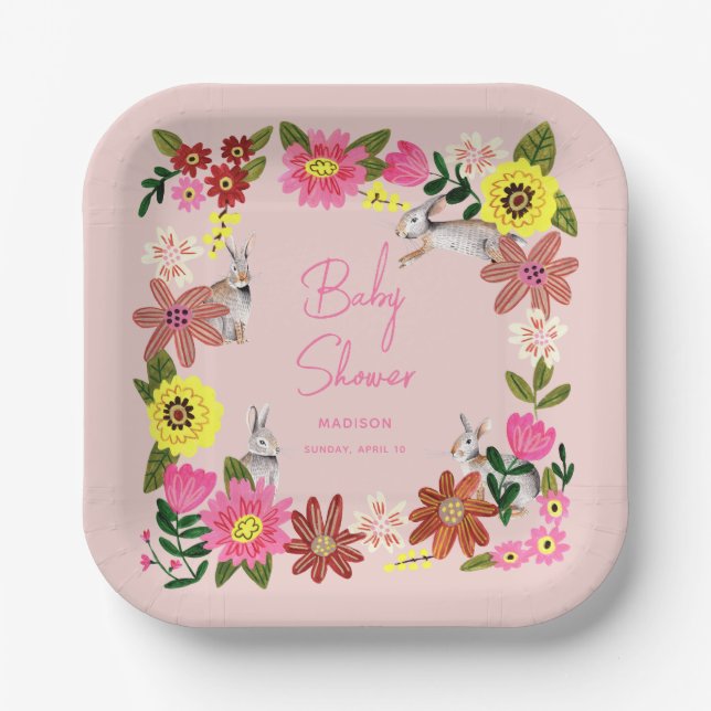 Cute Rabbit Bunny Girl Baby Shower Invitation Paper Plates (Front)