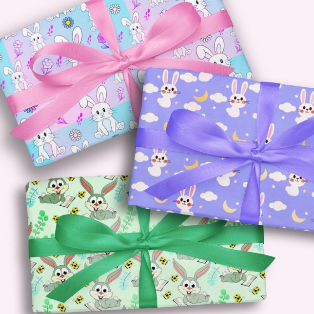 Cute Rabbit Bunny Illustration Pink Green Lavender Wrapping Paper Sheets (Creator Uploaded)