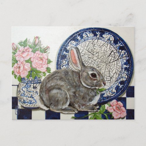 Cute Rabbit Bunny Painting Dedham Plate Floral Art Postcard