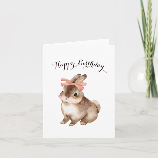 Cute rabbit bunny pink bow Happy Birthday Holiday Card (Front)