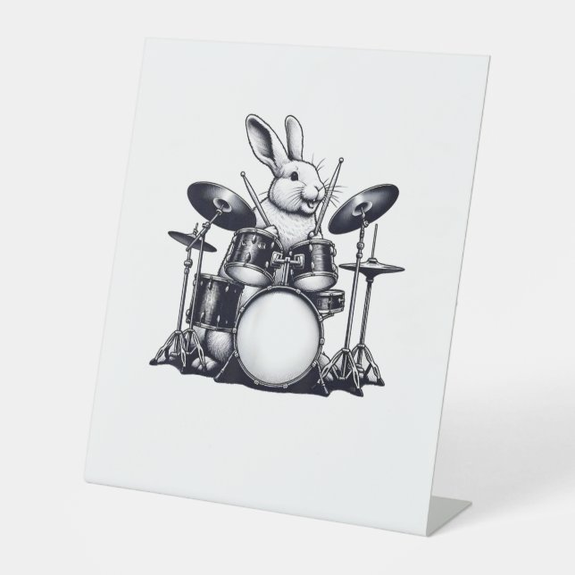 Cute Rabbit Bunny Playing Drums Rabbits Drummer Mu Pedestal Sign (Front)