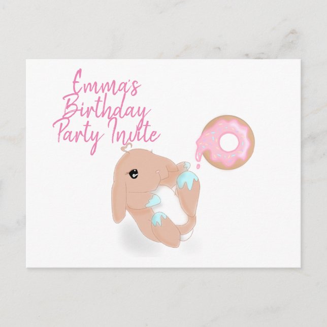 Cute Rabbit Cartoon Bunny Birthday Party Invite (Front)