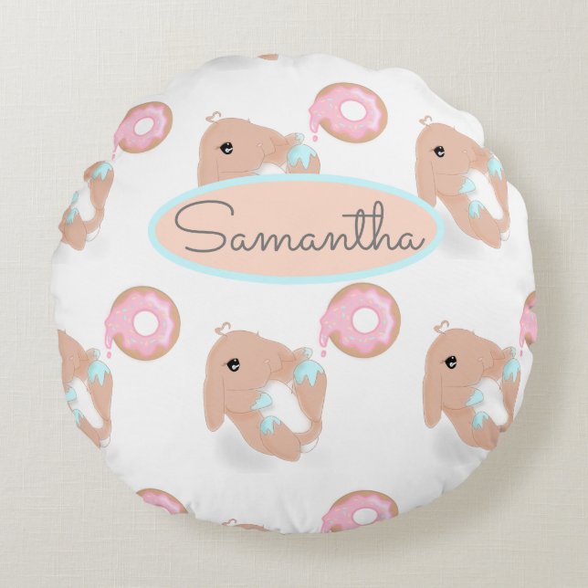 Cute Rabbit Cartoon Bunny Donut Nursery Girls  Round Pillow (Front)