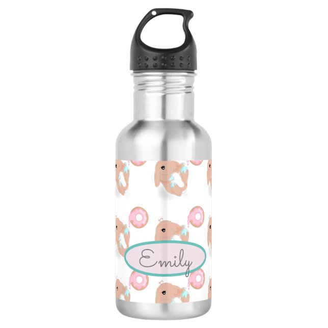 Cute Rabbit Cartoon Bunny Donut Pattern Childs Stainless Steel Water Bottle (Front)