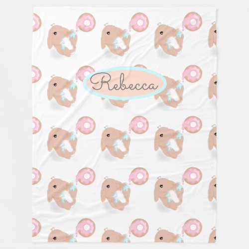 Cute Rabbit Cartoon Bunny Donut Pink Pattern  Fleece Blanket