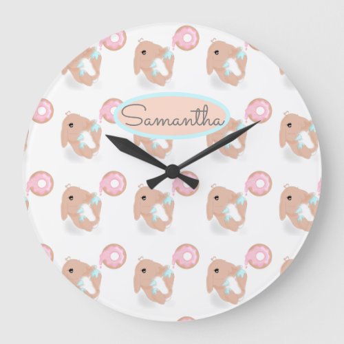 Cute Rabbit Cartoon Bunny Doughnut Pink Girls Baby Large Clock